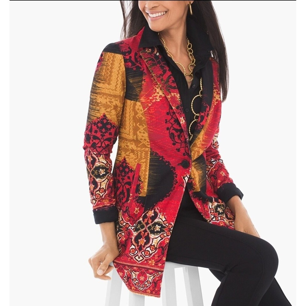 Chico's Blazer Jacket Women Size 1 M Multicolor Paisley Tapestry Longline Artsy